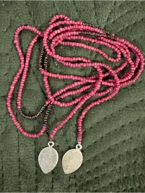 Vintage Pier 1 Red Beaded Wrap Necklace with Bronze Leaf Charms